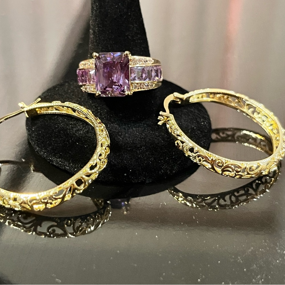 14k Gold plated filigree earrings and Purple Ring Jewelry Set